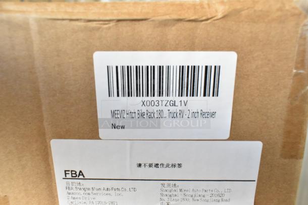 Brand new Meeviz X003TZGL1V Hitch Bike Rack in box, visible model number and "New" label, compatible with 2-inch receiver.