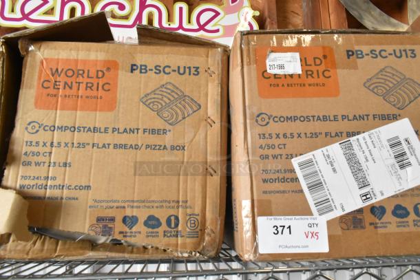 5 brand new boxes: World Centric compostable pizza boxes, 13.5"x6.5"x1.25", 4/50 CT, and Choice 2 oz plastic portion cups.