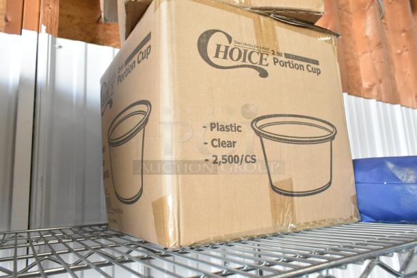 New box of Choice 2 oz portion cups, plastic, clear, 2,500 count. Includes World Centric pizza boxes, auction lot.