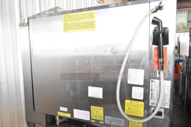 Convotherm OGB-6.20 stainless steel combi convection oven, natural gas, 68,200 BTU, visible safety labels, hose attachment.