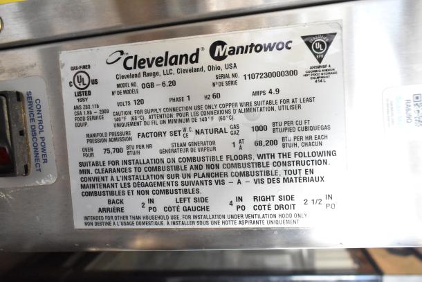 Convotherm OGB-6.20 stainless steel commercial gas combi oven label showing specs; 68,200 BTU, natural gas powered.