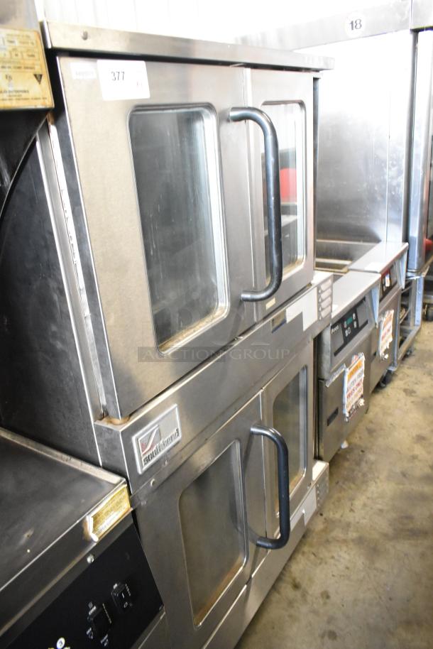 2 Southbend stainless steel commercial convection ovens with view-through doors, thermostatic controls, on casters.