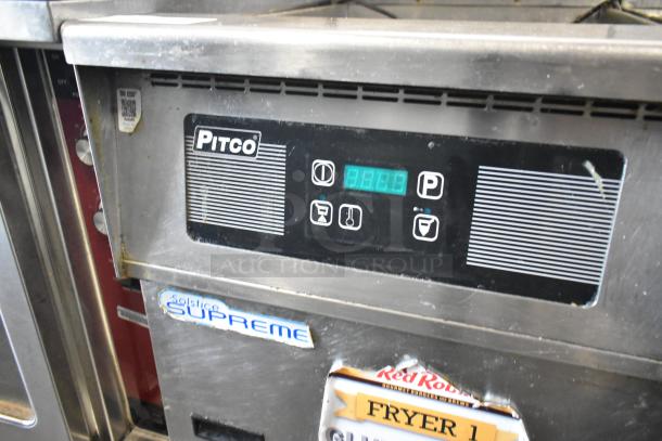 Pitco Frialator SSH75 stainless steel deep fat fryer with digital display, 75-lb capacity. Commercial casters, natural gas, 105,000 BTU.