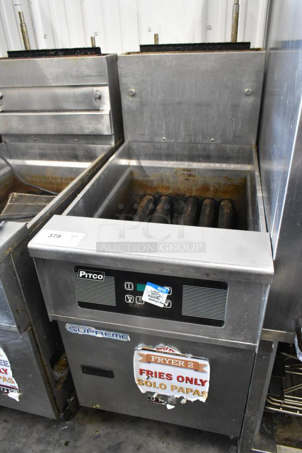 Pitco Frialator SSH75 deep fryer, stainless steel, 75 lb capacity, natural gas, 105,000 BTU, on casters, labels visible.