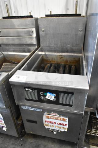 Pitco Frialator SSH75 deep fryer, stainless steel, 75 lb capacity, natural gas, 105,000 BTU, on casters, labels visible.