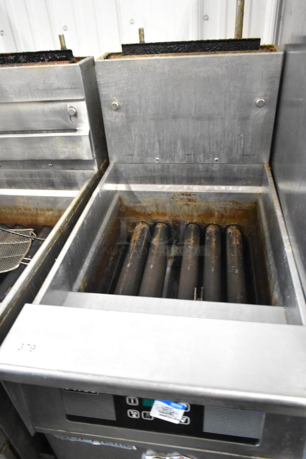 Pitco Frialator SSH75 deep fat fryer, stainless steel, 75 lb capacity, natural gas, 105,000 BTU, on casters, used condition.
