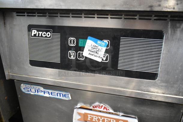 Pitco Frialator SSH75 stainless steel commercial deep fat fryer, 75 lb capacity, 105,000 BTU, on casters.