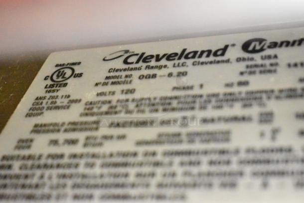 Label on Convotherm OGB-6.20 combi convection oven, showing gas-fired specs, UL listing, Cleveland Range details.