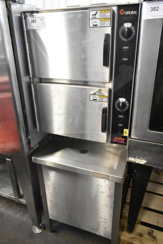 Groen HyPer Steam stainless steel commercial 2-deck steam cabinet, featuring dials and caution labels, good condition.