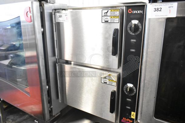 Groen HyPerSteam Stainless Steel 2 Deck Steam Cabinet, commercial-grade, visible controls, minor wear, caution labels.