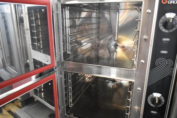 Groen HyPer Steam stainless steel commercial 2-deck steam cabinet, featuring glass doors and control knobs, in excellent condition.