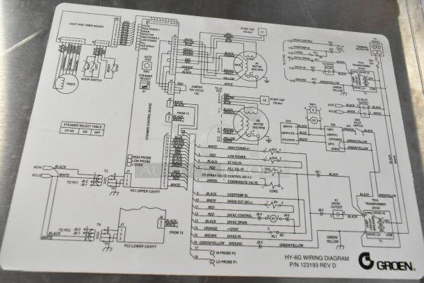 Wiring diagram for Groen HyPer Steam Stainless Steel Commercial 2 Deck Steam Cabinet, model HY-6G, P/N 123193 REV D.