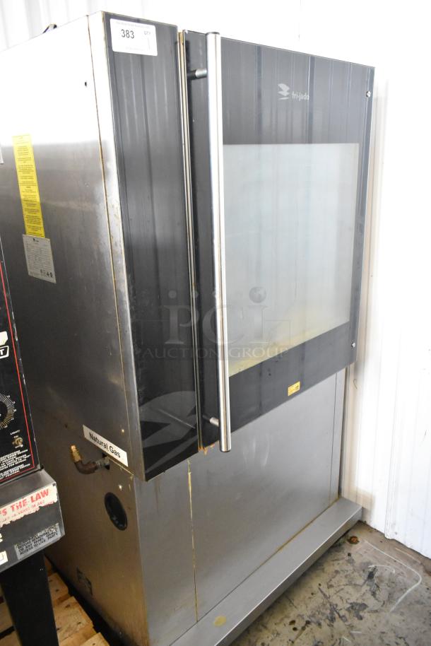 Fri-jado TDR7-P stainless steel rotisserie oven, floor style, natural gas powered, commercial, visible control panel, used.