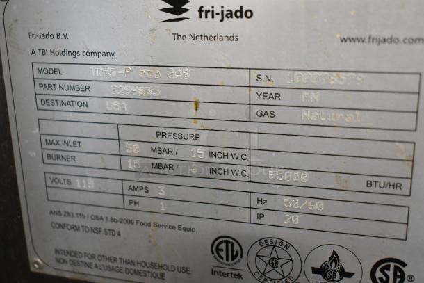 Fri-jado TDR7-P rotisserie oven, stainless steel, natural gas powered, floor style, model details tag shown.