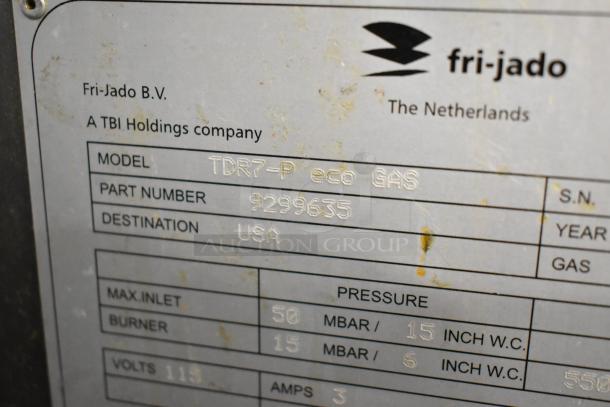 Fri-jado TDR7-P stainless steel commercial natural gas rotisserie oven label, indicating model, part number 9299635, and USA destination.