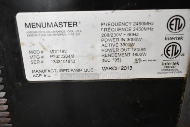 Menumaster MDC182 stainless steel commercial microwave oven label, 208/230V, 1 phase, manufactured March 2013, model info.