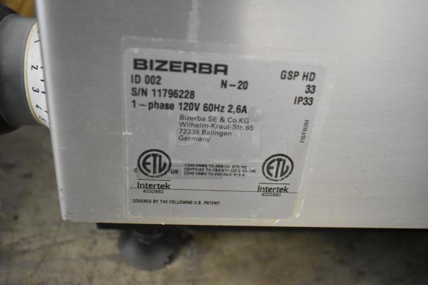 2020 Bizerba GSP HD stainless steel meat slicer, 120V, 1 phase. Serial number 11796228. Labels show ETL and Intertek certification.
