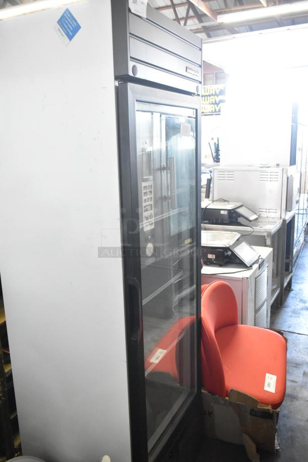 2019 Habco SE18 metal commercial single door reach-in cooler, glass front, poly coated racks, 115V, 1 phase, good condition.