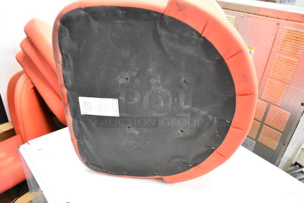 5 brand new red bucket seat style stools, no frames, label attached, great for customization or replacement.