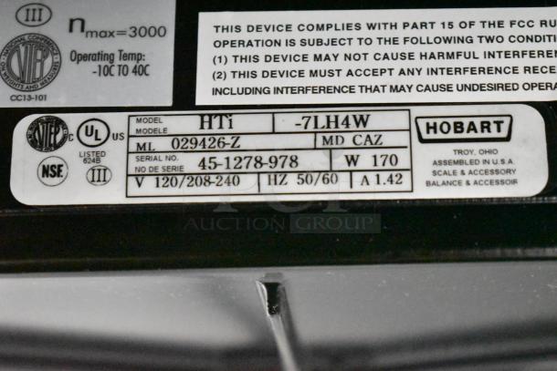 2023 Hobart HTi Metal Commercial Scale label showing model 7LH4W, voltage 120/208-240V, serial number 45-1278-978.