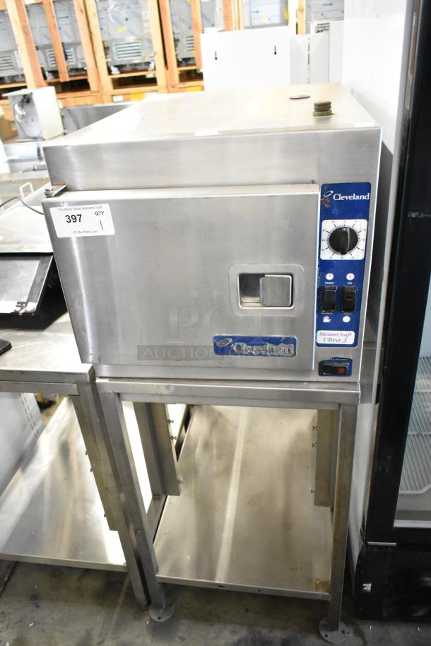 Cleveland SteamCraft Ultra 3 stainless steel commercial steam cabinet on stand, single deck, with control panel and branding labels.