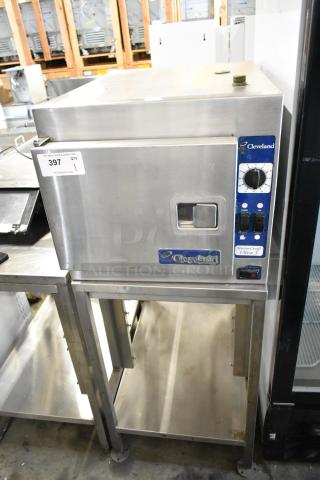 Cleveland SteamCraft Ultra 3 stainless steel commercial steam cabinet on stand, single deck, with control panel and branding labels.
