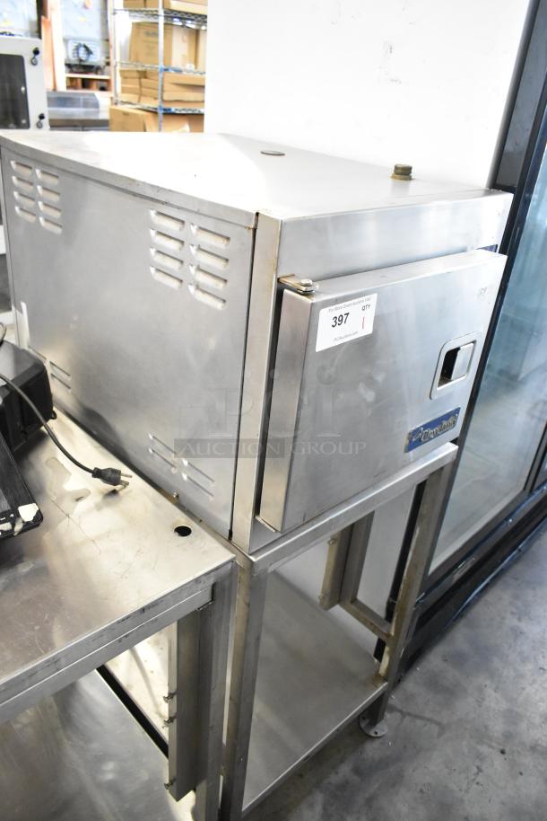 Cleveland SteamCraft Ultra 3 stainless steel commercial steam cabinet on stand, visible wear, auction tag "397".