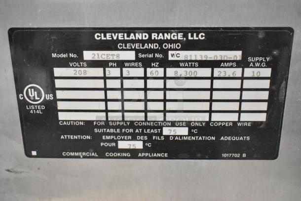 Cleveland 21CET8 SteamCraft Ultra 3 steam cabinet label displaying model, voltage (208V), phase (3), and wattage (8,300W).