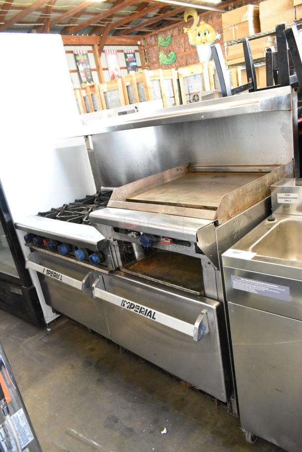 Imperial stainless steel commercial gas 6-burner range with right side flat top griddle, 2 ovens, overshelf, and backsplash.