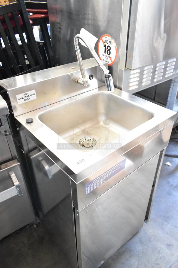 Stainless steel Easy Hardware Hybrid 684 portable sink with faucet and "For Handwashing Only" label.
