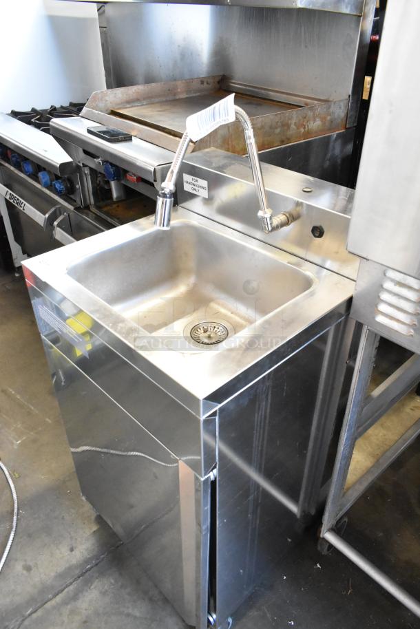 Easy Hardware Hybrid 684 portable sink in stainless steel, visible faucet and drain, labeled for handwashing. Excellent condition.