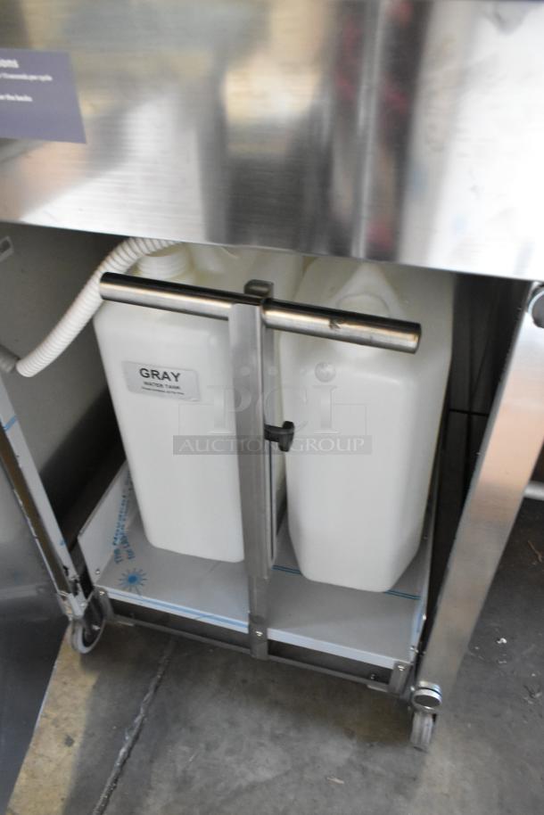 Easy Hardware Hybrid 684 stainless steel portable sink with dual enclosed water tanks and wheels. Visible gray water tank label.