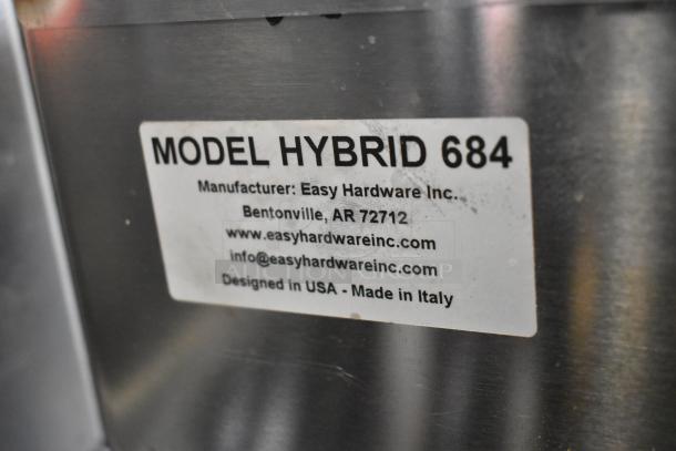 Easy Hardware Hybrid 684 stainless steel portable sink, showing model label with manufacturer details.
