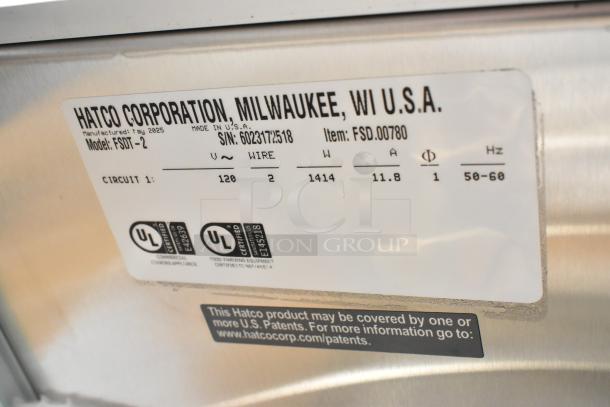 Label on Hatco FSDT-2 Flav-R-Savor cabinet, shows model, serial number, voltage, and UL certification details.