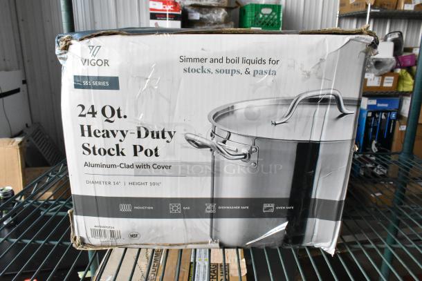BRAND NEW SCRATCH AND DENT! Vigor SS1 Series 24 Qt. stock pot, stainless steel, aluminum-clad, with cover; damaged packaging.
