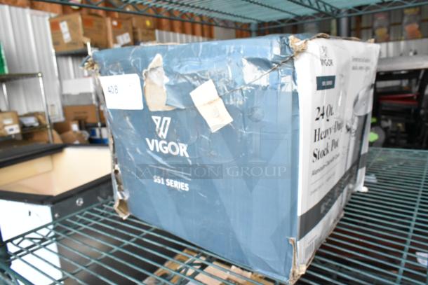 BRAND NEW SCRATCH AND DENT Vigor SS1 Series 24 Qt. stock pot in original box. Box shows damage; pot condition unknown.