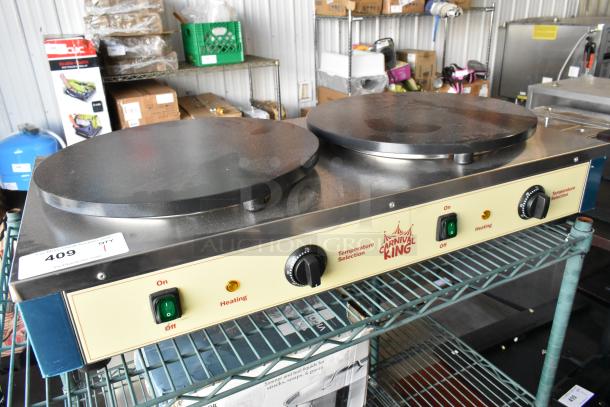 Brand new Carnival King 382TCM16DBL 16" dual non-stick crepe maker, 208/240V, 1 phase, minor scratches, model label visible.