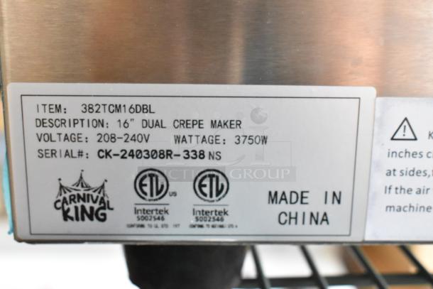 BRAND NEW Carnival King 382TCM16DBL 16" Dual Crepe Maker. 208/240V, 3750W, ETL listed, made in China.