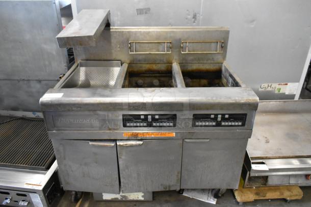Frymaster FMPH255CSC stainless steel 2-bay deep fat fryer, natural gas, with filtration system and dumping station. 80,000 BTU.