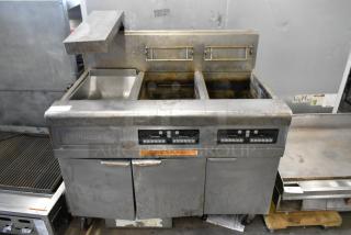 Frymaster FMPH255CSC Stainless Steel Commercial Floor Style Natural Gas Powered 2 Bay Deep Fat Fryer w/ Filtration System, Dumping Station on Commercial Casters. 80,000 BTU. - Item #1208100