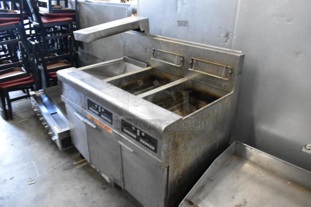 Frymaster FMPH255CSC stainless steel 2-bay deep fat fryer with filtration system, dumping station, commercial casters, 80,000 BTU.