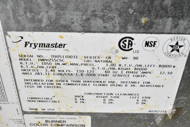 Frymaster FMPH255CSC label showing model, natural gas use, 80,000 BTU, and installation details. Suitable for commercial use.