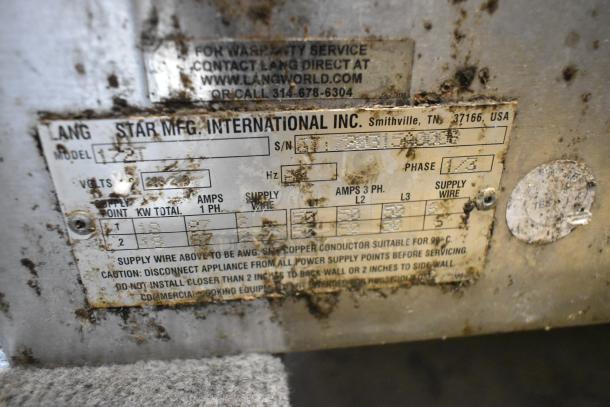 Lang Star 172T stainless steel electric griddle, 208-240 volts, 1/3 phase. Manufacturer label visible, showing specifications.