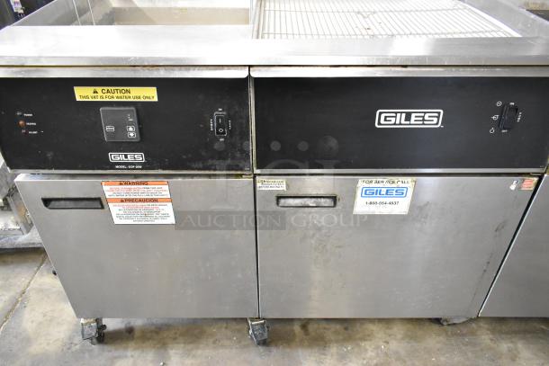 Giles EOF-24 stainless steel 2-bay deep fat fryer with center dumping station, commercial casters, 480V, 3-phase.