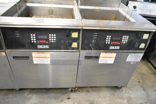 Giles EOF-24 stainless steel 2-bay deep fat fryer with center dumping, commercial casters. Electric, 480V, 3-phase.