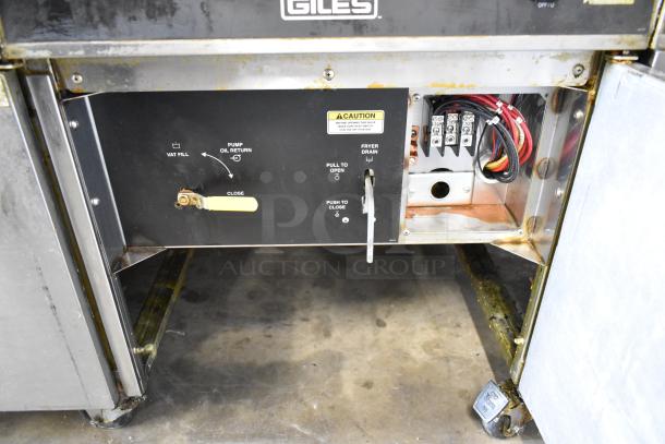 Giles EOF-24 stainless steel electric deep fryer with center dumping, on casters, 480V, 3-phase, visible control panel.