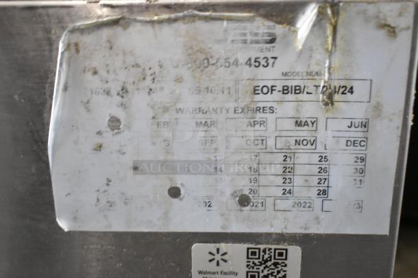 Giles EOF-24 stainless steel fryer label, indicates model and warranty expiration dates. Features include 480V, 3-phase power.