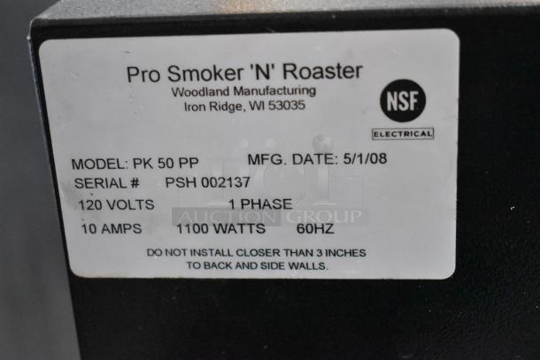 "Pro Smoker N Roaster PK50PP, commercial electric smoker, 120V, 1 phase, model PK50PP, serial PSH 002137, NSF certified."