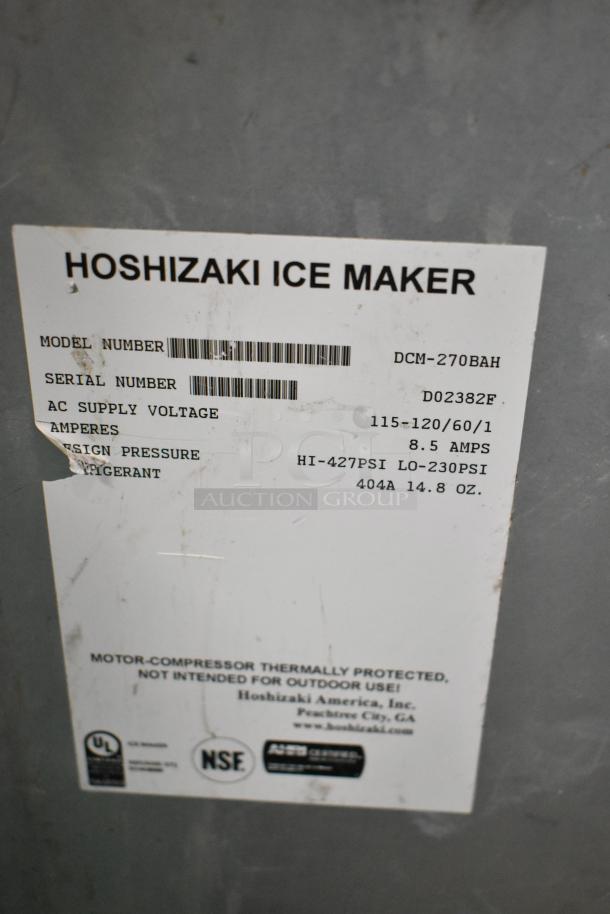 Hoshizaki DCM-270BAH ice maker label; 115V, 1 phase. Shows model and refrigerant details.