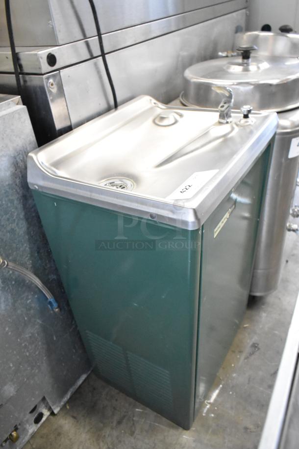 Halsey Taylor metal floor water fountain, green body, commercial style, 115 volts, 1 phase, with front grille, good condition.